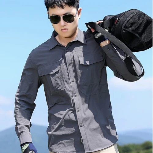 2025 Primavera y verano hombres nueva ropa de trabajo suelta de secado rápido camisa de talla grande de manga larga transpirable camisa de protección solar al aire libre