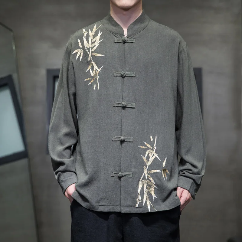 Bamboo Leaf Embroidery Cotton Linen Shirt Traditional Japanese Kimono Samurai Clothing Large Size 6XL Haori Yukata Cardigan