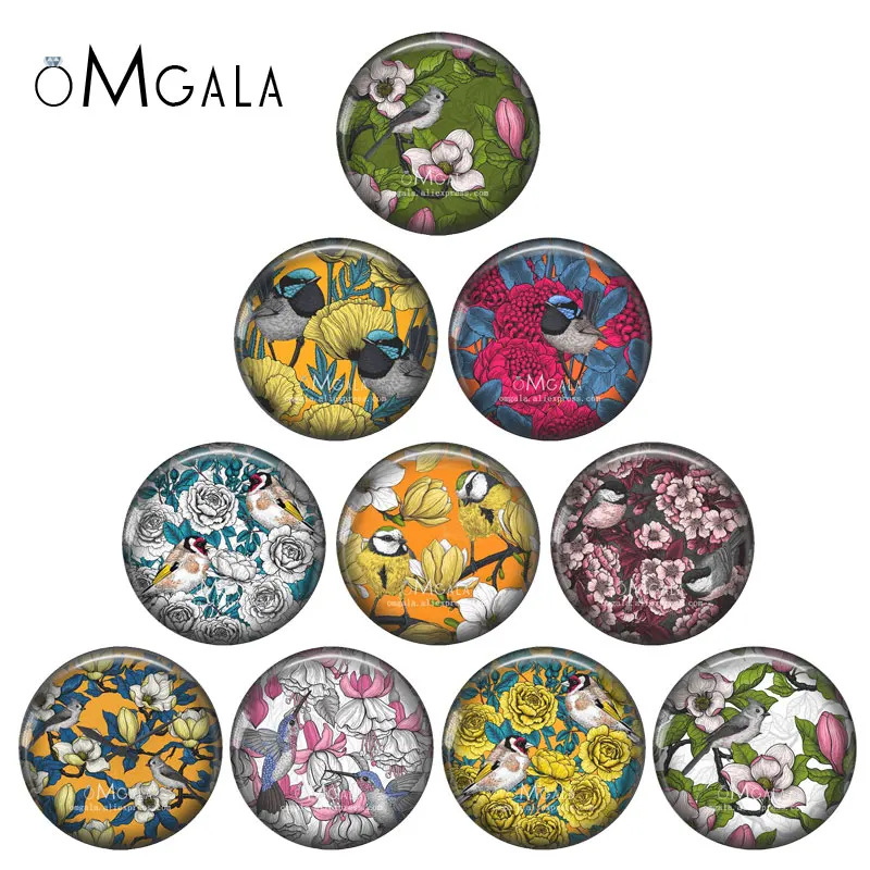 Fashion Bird with Flowers Art Paintings 12mm/18mm/20mm/25mm Round Photo glass cabochon demo flat back Making findings