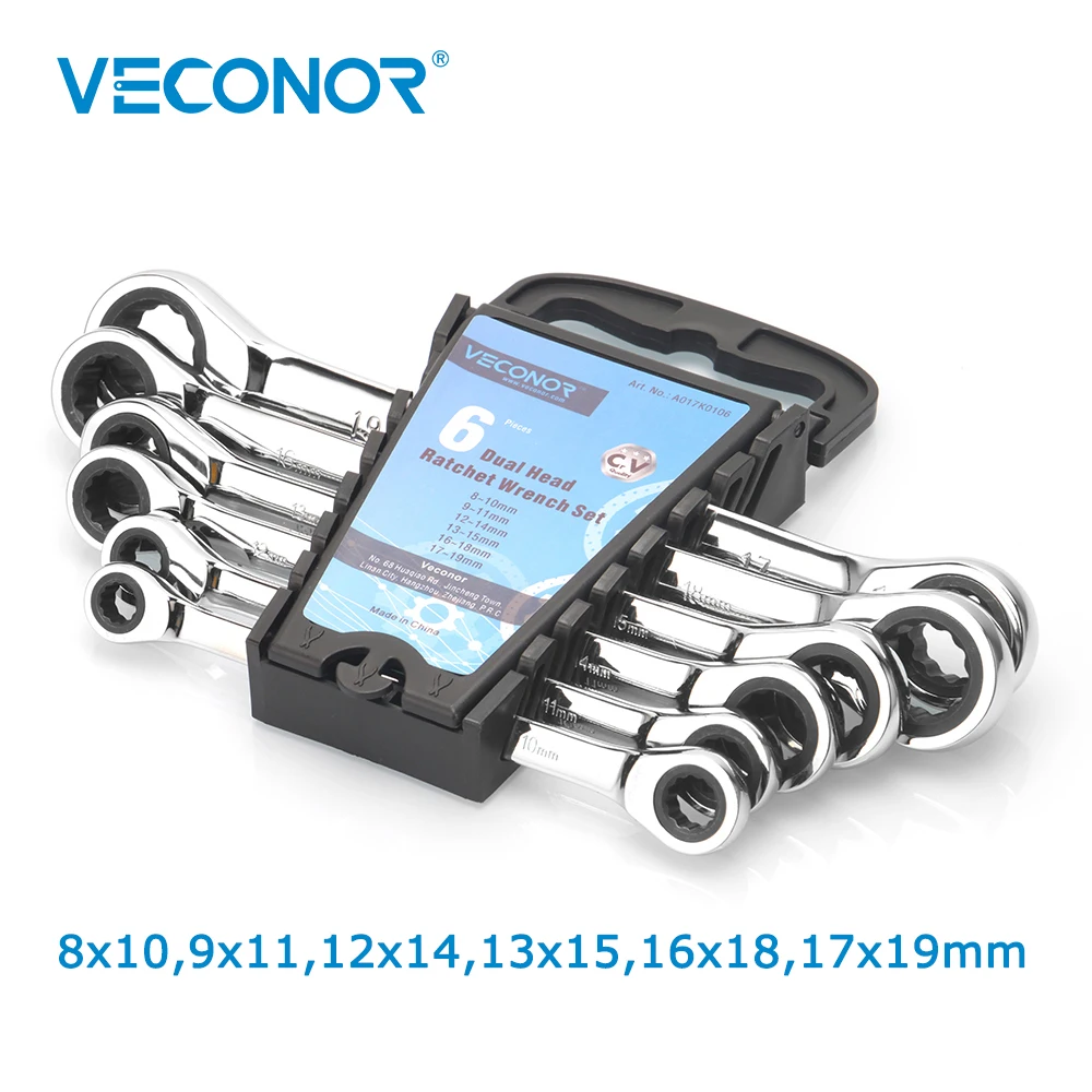 Veconor 6pcs/set Double Ratcheting Head Wrench Spanner Set A Set Of Key Wrench 8~19mm With Plastic Tool Storage Rack