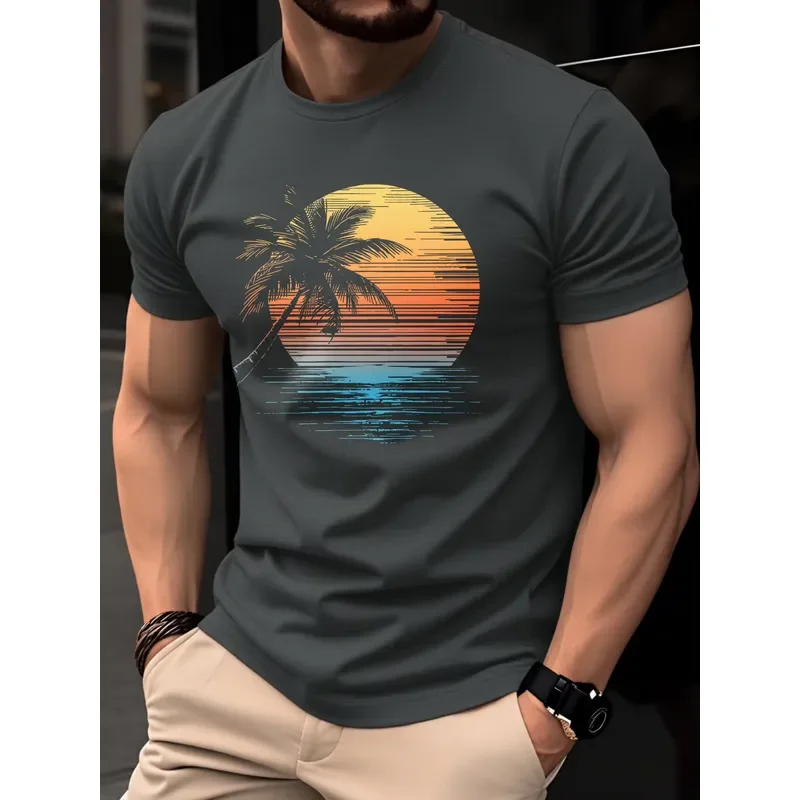Retro Gradient Sunset Palm Tree Beach Print on Premium Soft 100% Cotton Mens T Shirt Perfect for Summer Vacation Casual Style