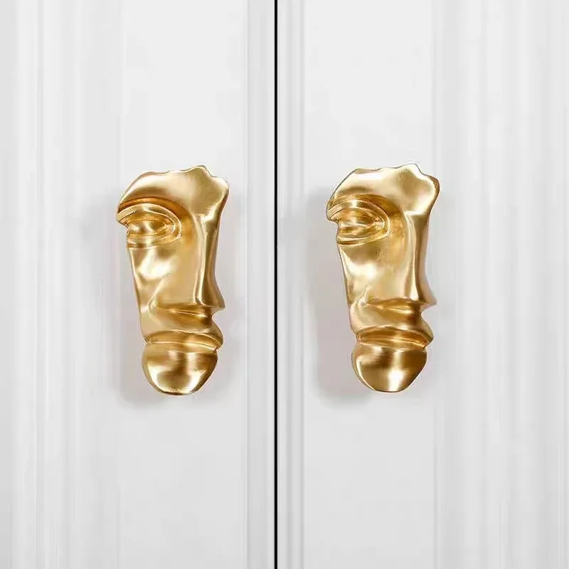 Luxury Brass Face Handle Cupboard Door Handles Bright Gold Abstraction Knob Face Drawer Pull Single Hole French Furniture Pulls