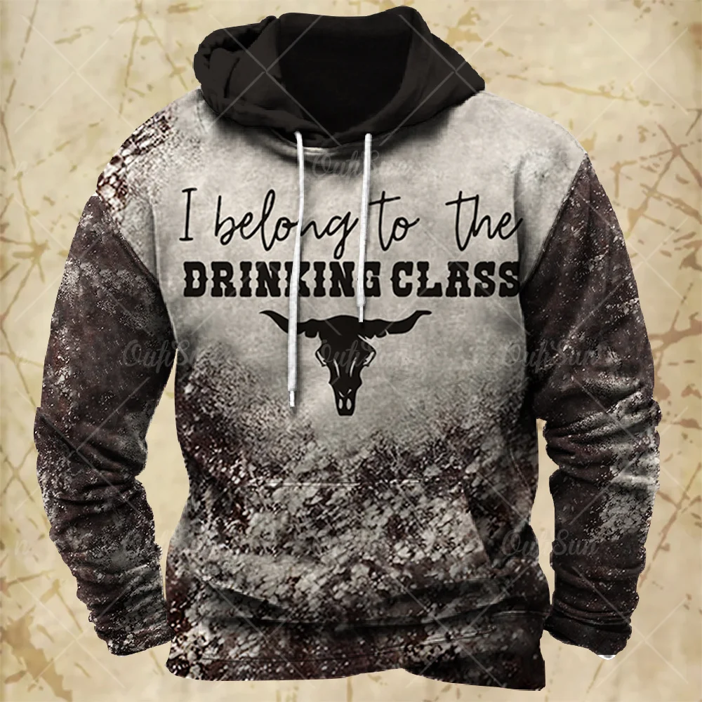 Men Hooded Vintage Print Sweatshirt Ethnic Style Hoodie Autumn and Winter Oversized Casual Men\'s Clothing Daily Street Pullover