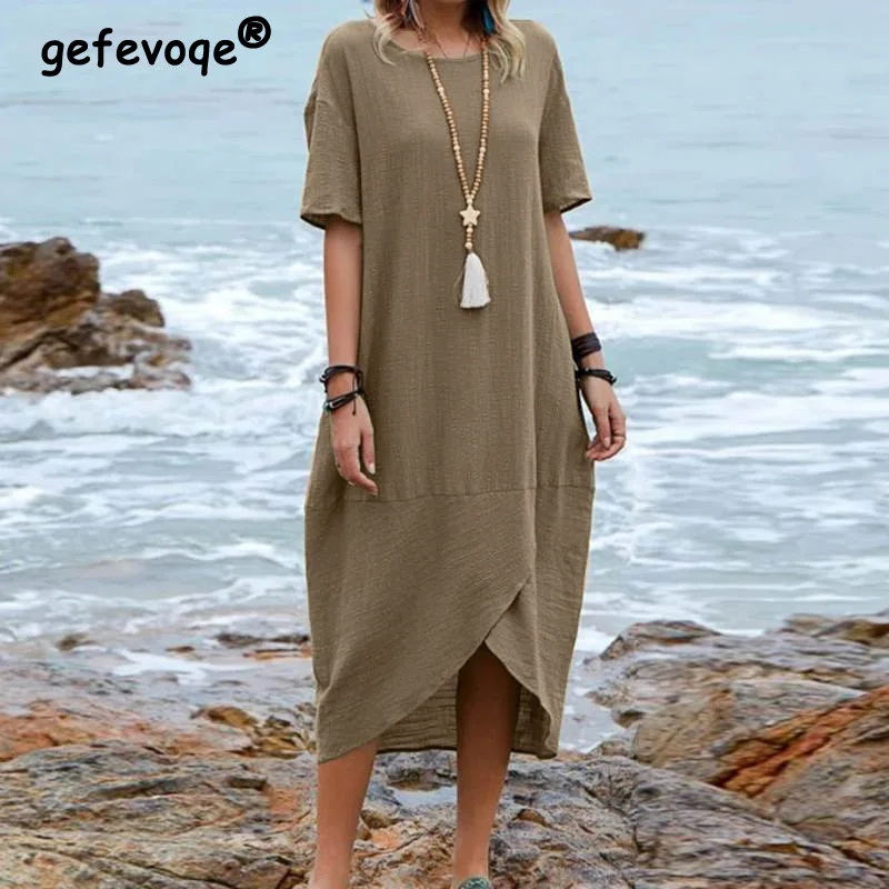 

Female Solid Color Cotton Liner Summer Clothes Vintage Crew Neck Loose Waist Half Sleeve Irregular Medium Length Dress for Women