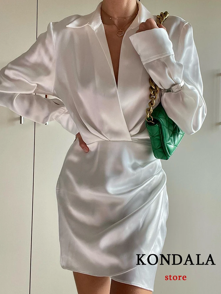 KONDALA Vintage White Satin Pleated Mini Party Dress Women Long Sleeve V Neck Fashion 2022 Straight Dress Elegant Mujer Vestidos