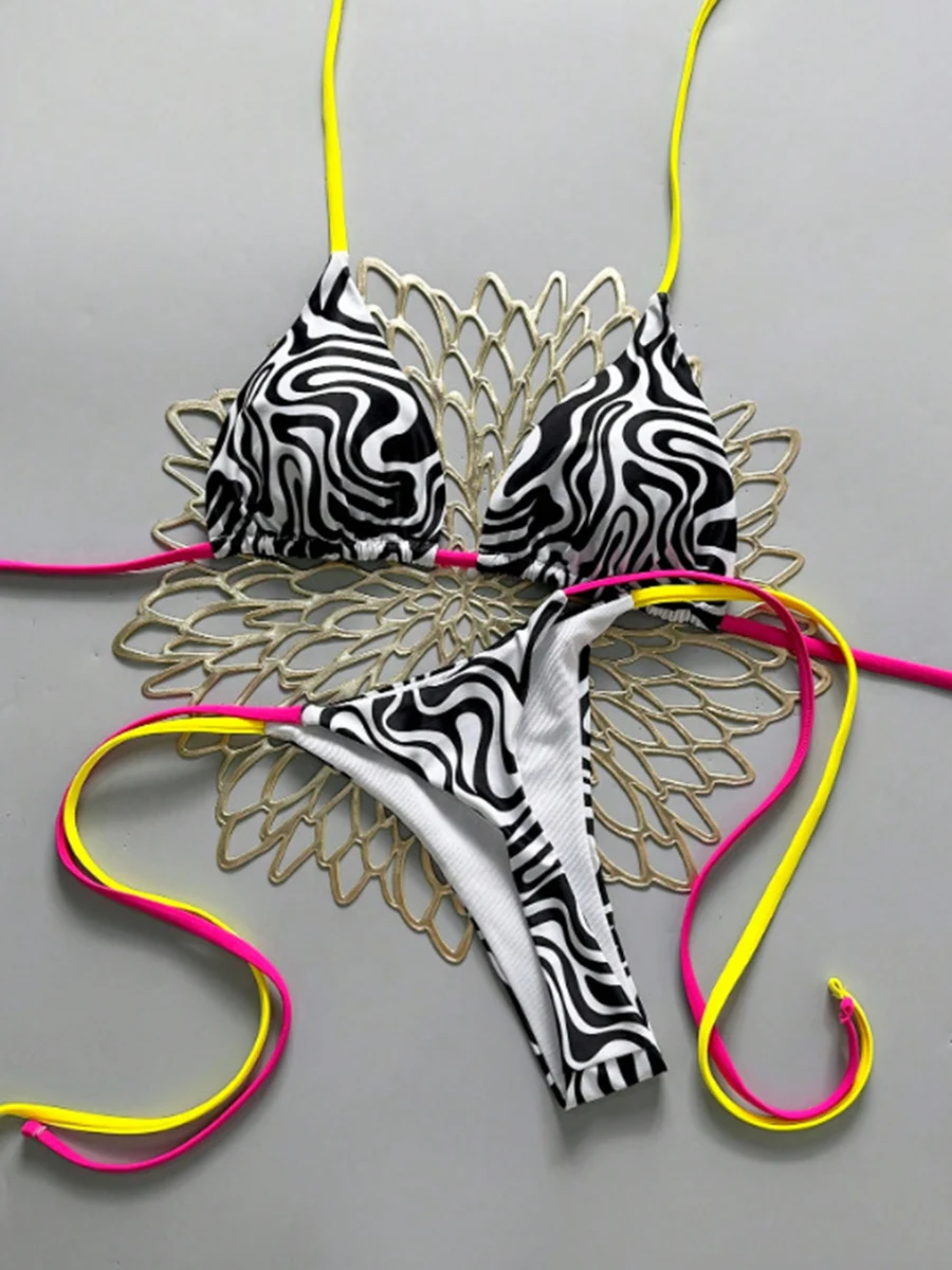 2026 nova sexy retro imprime biquíni brasileiro feminino maiôs rendas-up banho micro biquini maiôs beachwear