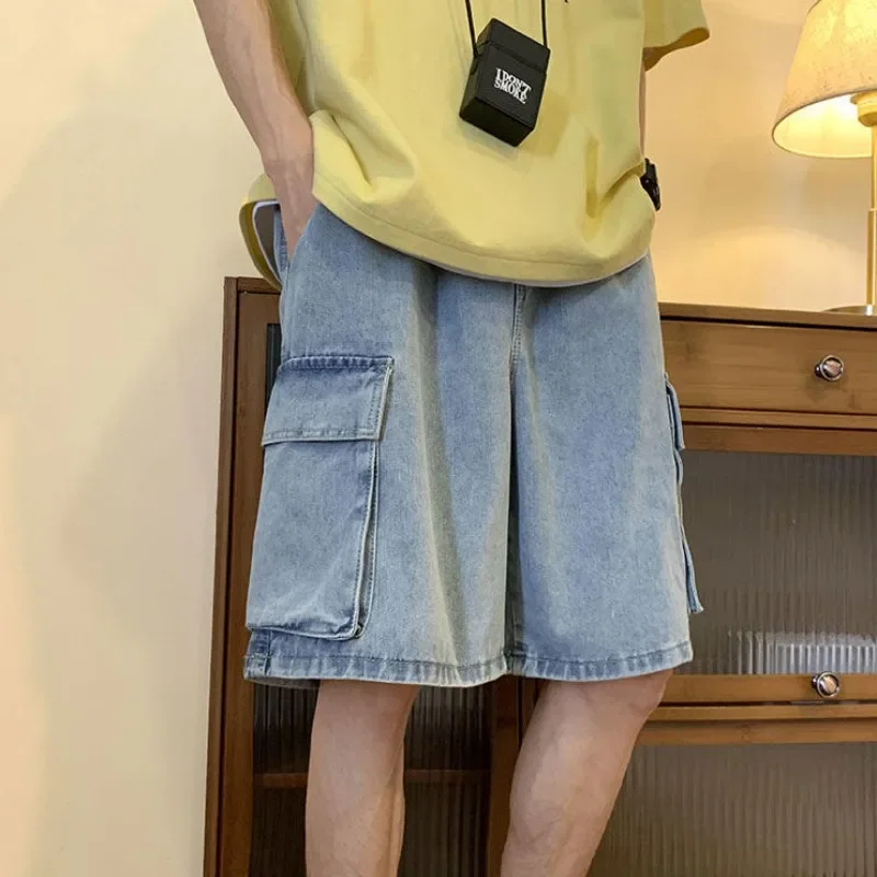 

Men's Short Jeans Pants with Pockets Drawstring Long Loose Half Baggy Wide Bermuda Cargo Male Denim Shorts Popular Retro Vintage