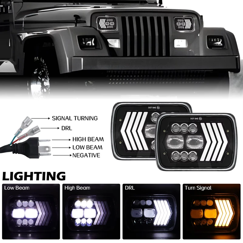 

5X7 Square 7'' Wrangler LED Headlight Dimming 60W Off-road Pickup Light Arrow Aperture Yellow White For XJ YJ Car Truck Motobike