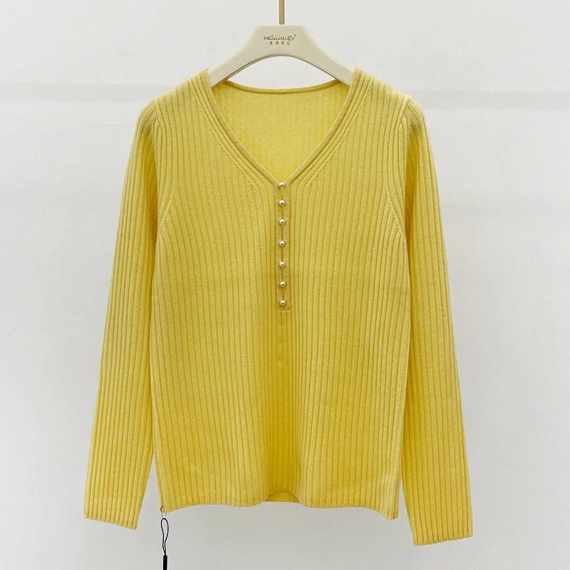 pearl button elegant sweater v neck women pullover autumn sweaters yellow tops woman clothes green top shirt cute chic knitted