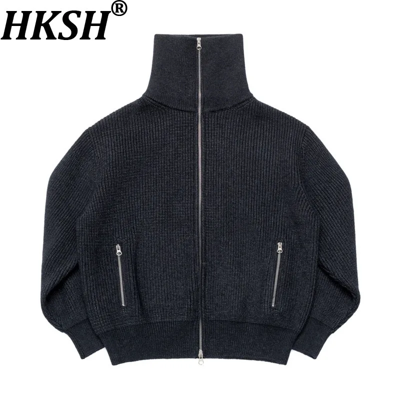 

HKSH осень-зима новый женский свитер с воротником-стойкой и двойной карманом на молнии, однотонный элегантный повседневный короткий вязаный кардиган HK15951