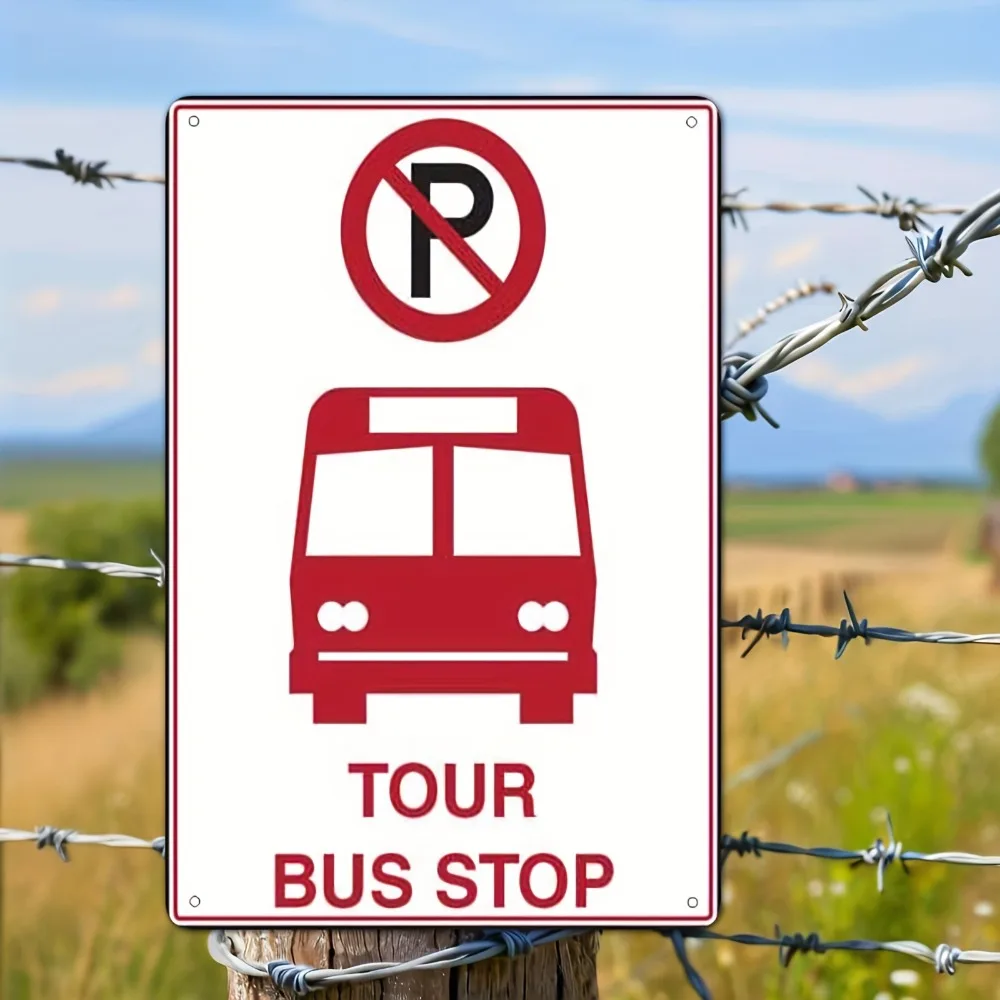 （2D Tin painting）2D Flat Tin Sign Tour Bus Stop Metal Wall Art Yard Decoration 8x12in Unframed Gift