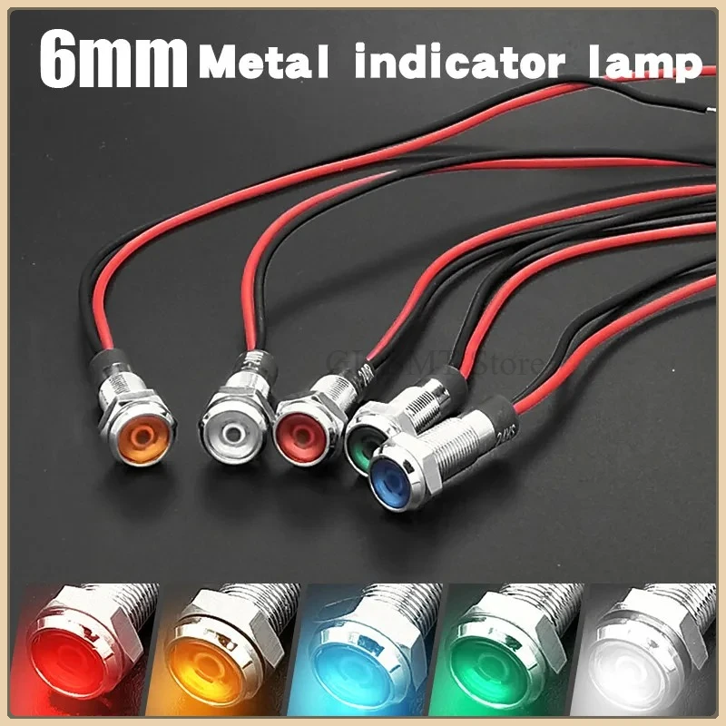 1pcs 6mm Flat head LED Metal Indicator light waterproof Signal lamp 3V 5V 6V 12V 24V 220v with wire red yellow blue green white