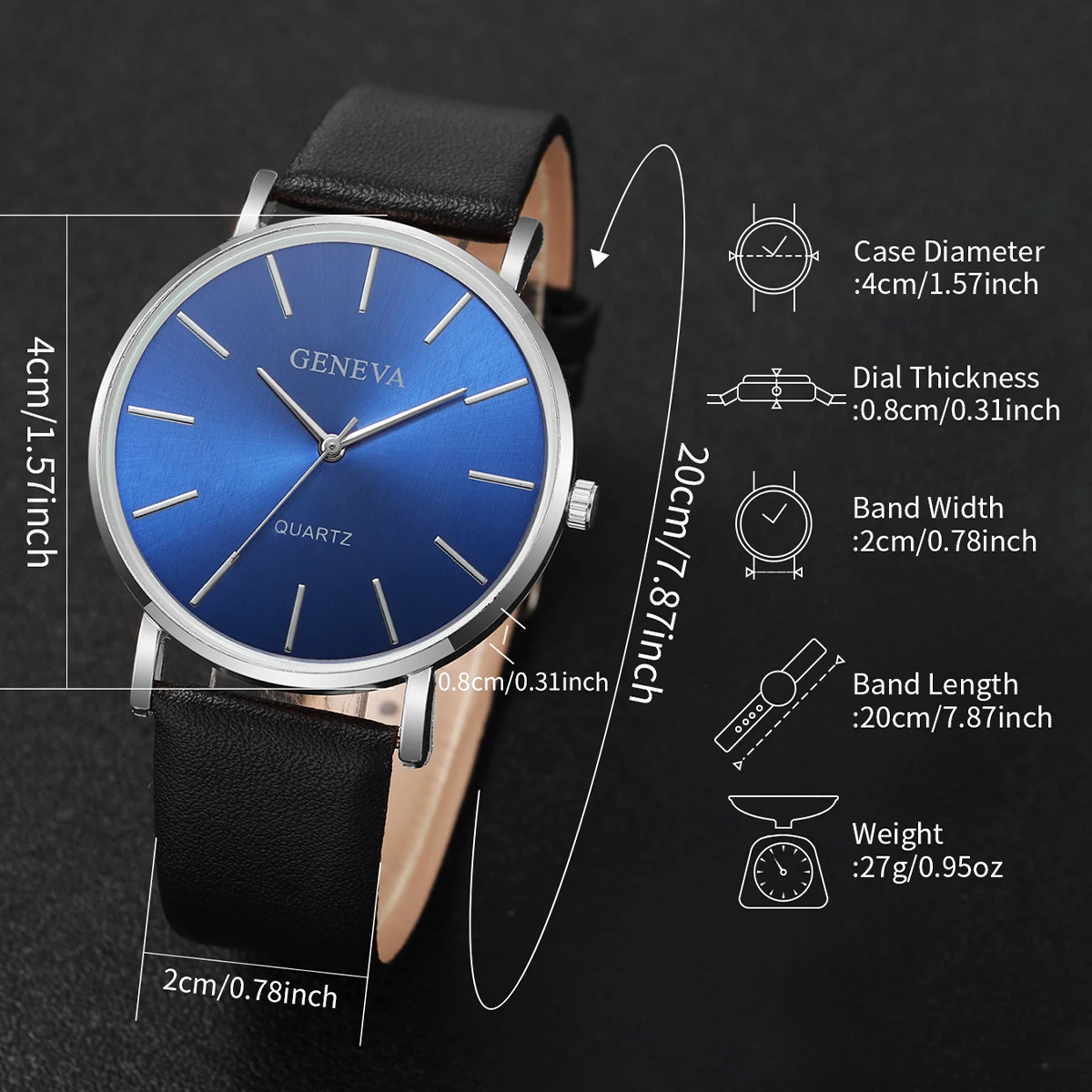 2PCS Couple\'s Watches Fashion Blue Dial Women Quartz Watch Men Leather Band Wristwatches