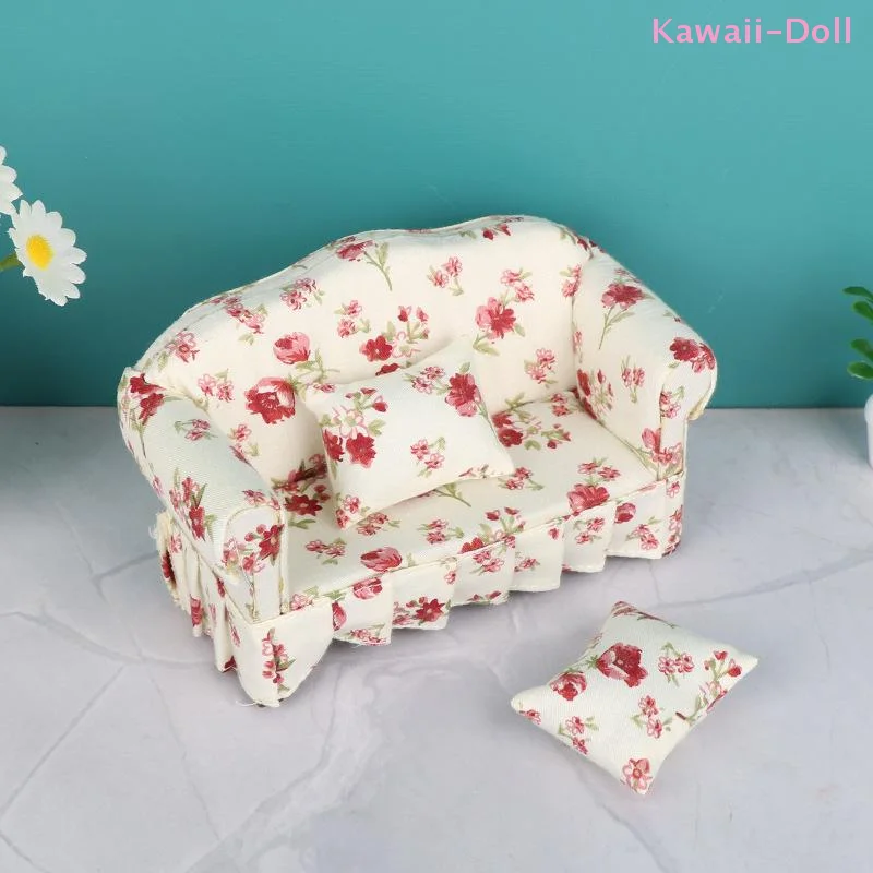 1 Set 1:12 Dollhouse Double Sitting Sofa With Pillow Kit Doll House Furniture Simulation Miniature Living Room Pretend Play - view 3