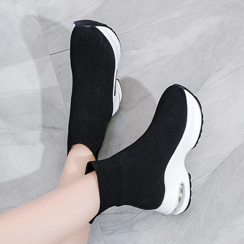 Autumn Women\'s Shoes Slip-on Mid-Calf Women\'s Boots Knitted Sponge Bottom Ladies Stretch Boots Platform Casual Shoes Ladies