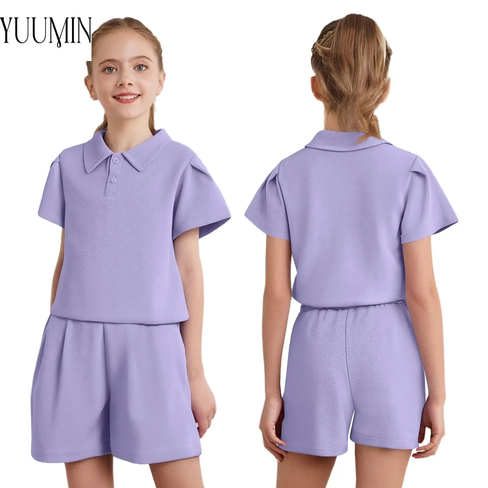 

Kids Girls Casual Sports Outfit Short Sleeve Button T-shit with Elastic Waistband Shorts for Running Workout Golf Casual Daily
