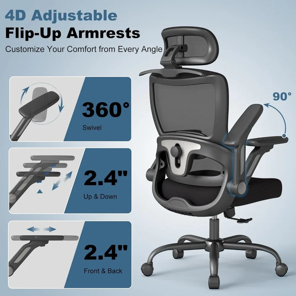 كرسي مكتب مريح، كرسي مكتب كمبيوتر شبكي مع مساند للذراعين قابلة للطي 4D، مسند رأس قابل للتعديل ثلاثي الأبعاد، مسند ظهر قابل للتعديل ثنائي الأبعاد، 90-13 #4