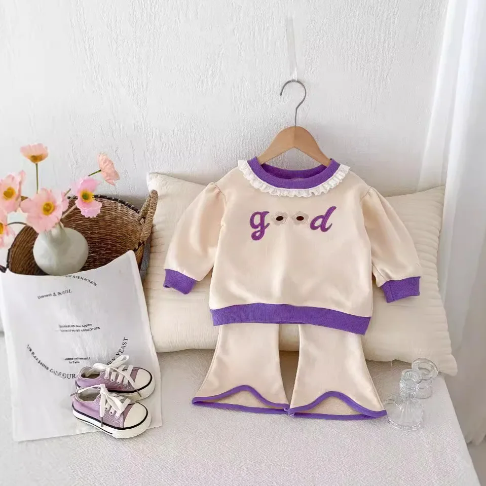 

2024 Autumn New Baby Girl Sweatshirt Set Infant Girls Letter Embroidery Sweatshirt + Flared Pants 2pcs Suit Kids Casual Outfits