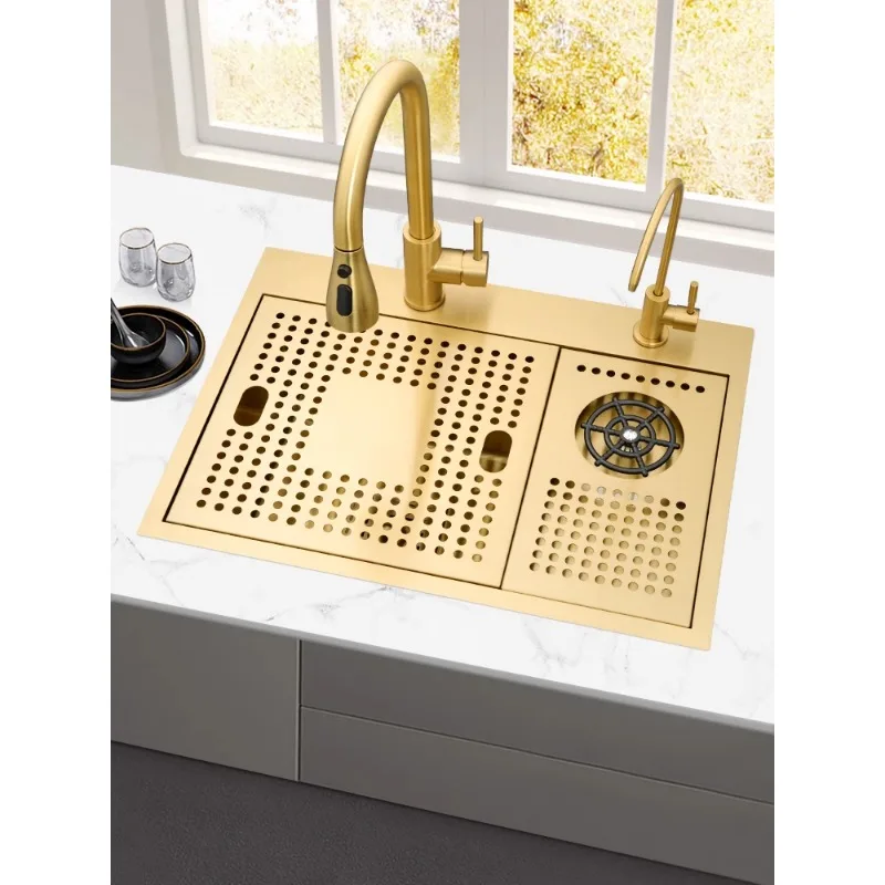 West Kitchen Island Table Water Bar Table Small Sink Gold High Pressure Cup Washers Invisible with Cover Plate 304 Stainless