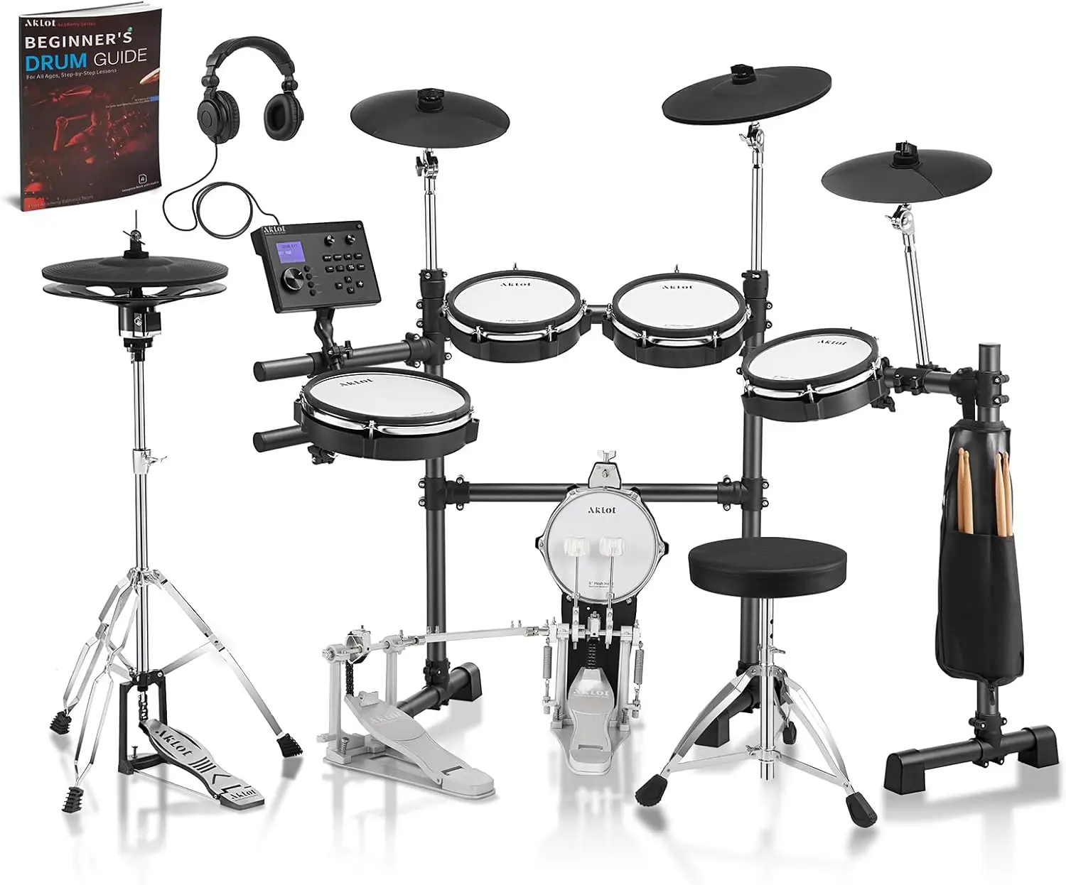 Electric Drum Set, Expanded Size: 12'' Two-Piece Standalone Hi-Hat, Independent Kick Drum, 10'' Dual-Zone Snare, 12'' Triple-Zone Ride Cymbal, 460 Sounds, Mesh Bass Drum, Double Pedal, White