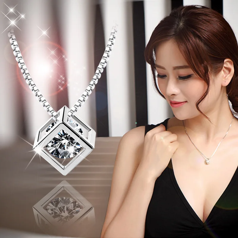 

Ожерелье Suijue Love Cube, женская серебряная цепочка на ключицу, кулон-колье с кубиком воды