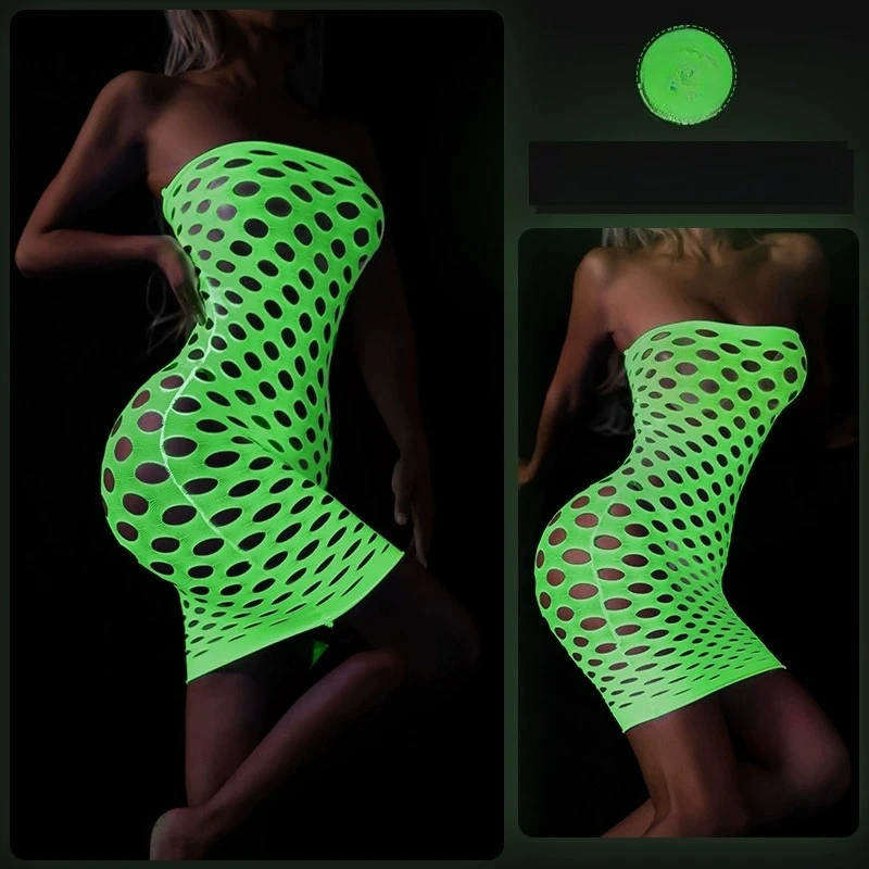 Body a rete da donna Lingerie senza spalline Sexy Tube Chemise Mini abito aderente per indumenti da notte Party Nightlight calze slip-on