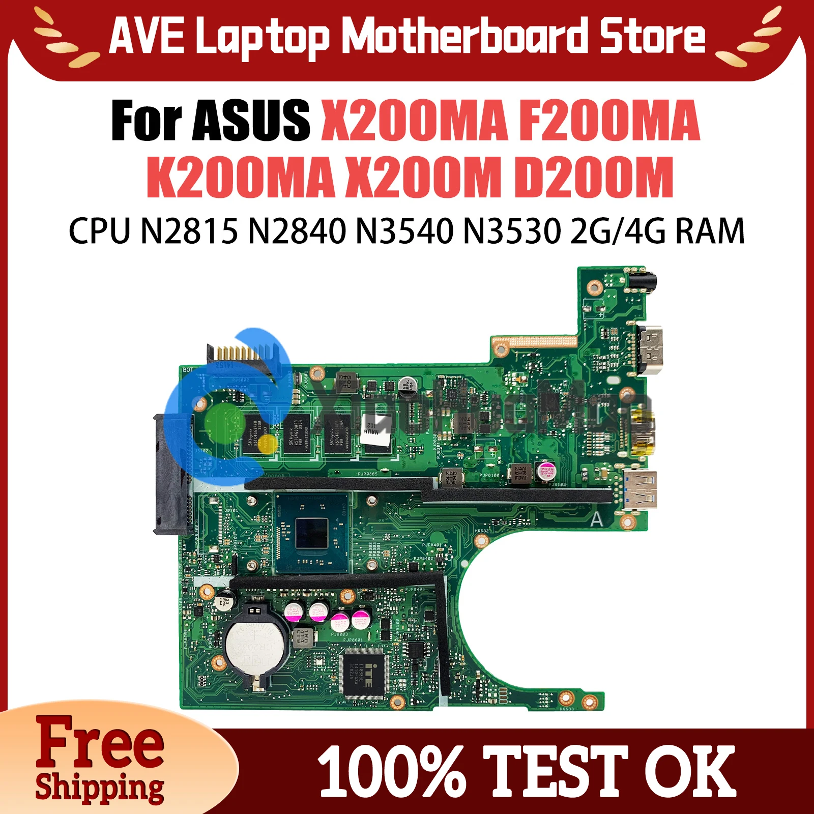 Computer Mainboard For ASUS X200MA X200M F200MA K200MA D200M Laptop Motherboard With N2815 N2840 N3540 N3530 2G 4GB RAM LVDS EDP