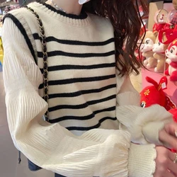 Black White Striped Knitted Sweater Women Korean Fashion Lantern Sleeve Fall Winter Sweet Fake Two-Piece Pullover School Jumpers