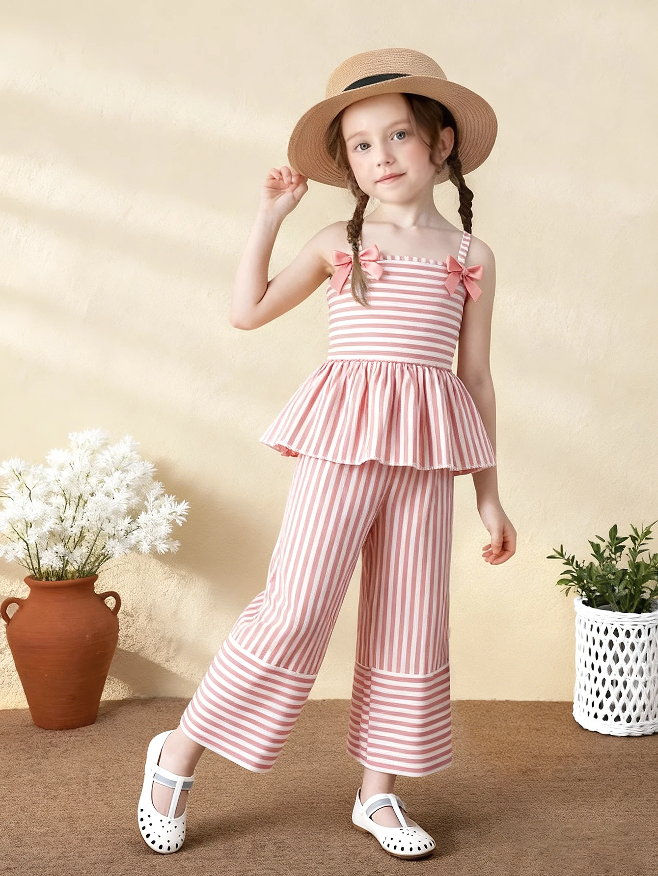 Girls 2-Piece Set Summer Bow Tie Strap Top & Wide Leg Pants Outfit Striped Sleeveless Casual Kids Clothing
