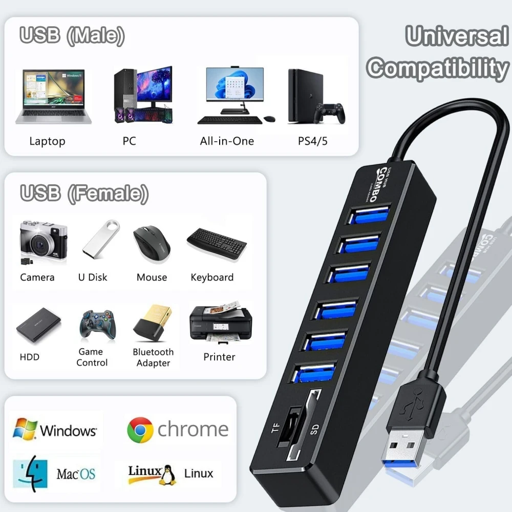 USB HUB USB 2.0 HUB 6 3 Port USB Splitter With Card Reader Multi Hab Extension SD Card Adapter 10/90 cm Splitter for PC Laptop