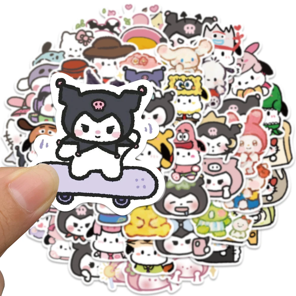 56pcs Sanrio Hand-painted Mini Kitty Kuromi Cinnamoroll Cute Stickers Cartoon Diary Notebook Decoration Pink Girl Gift Stickers