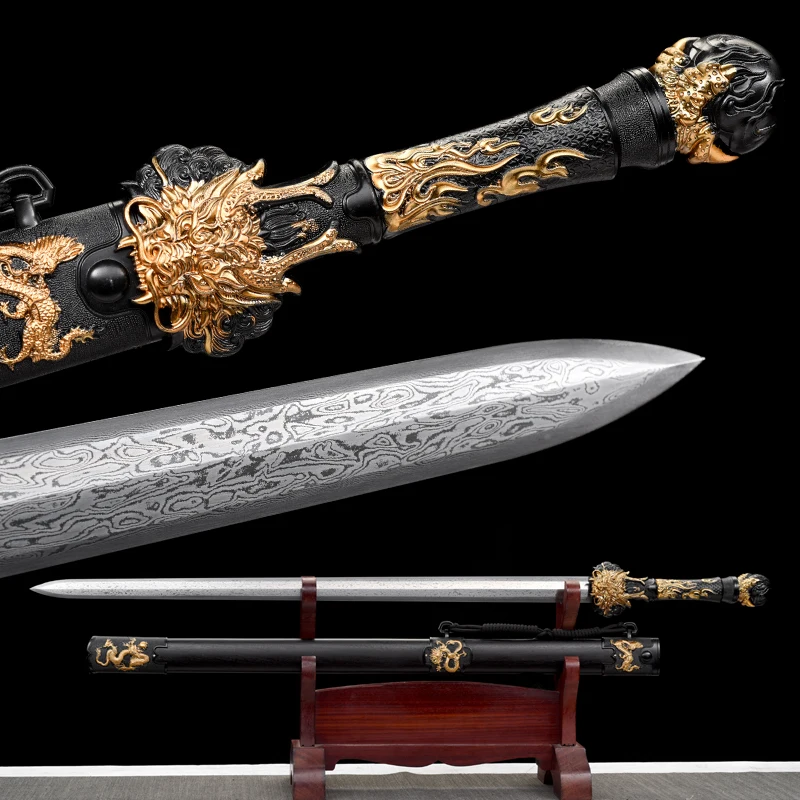 Chinese Han Jian Folded Steel Damascus Blade Golden Dragon Ornate Fittings Ebony Wood Scabbard Collectible Decorative Sword