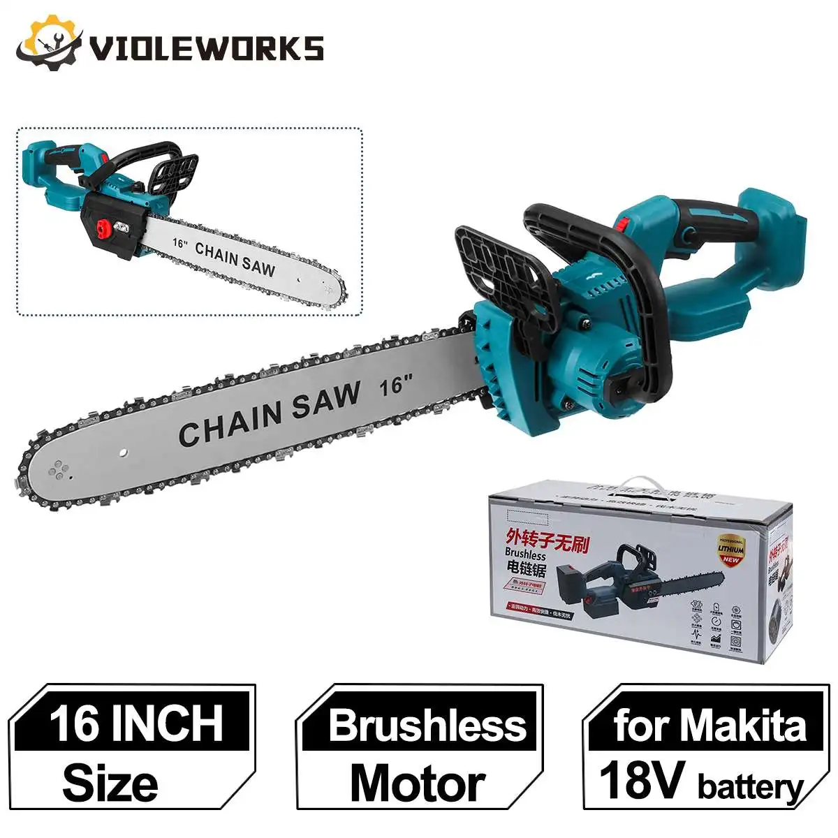 

16Inch 6000w Brushless Electric Chainsaw Automatic Oiling Cordless Saw Woodworking Garden Power Tool For Makita 18V Battery