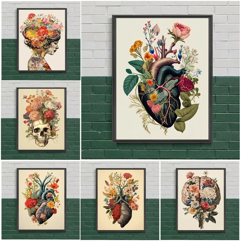 Colorful Flower Botanical Heart Poster Vintage Anatomy Human Skull Medicine Canvas Painting Wall Art Dissecting Room Home Dec