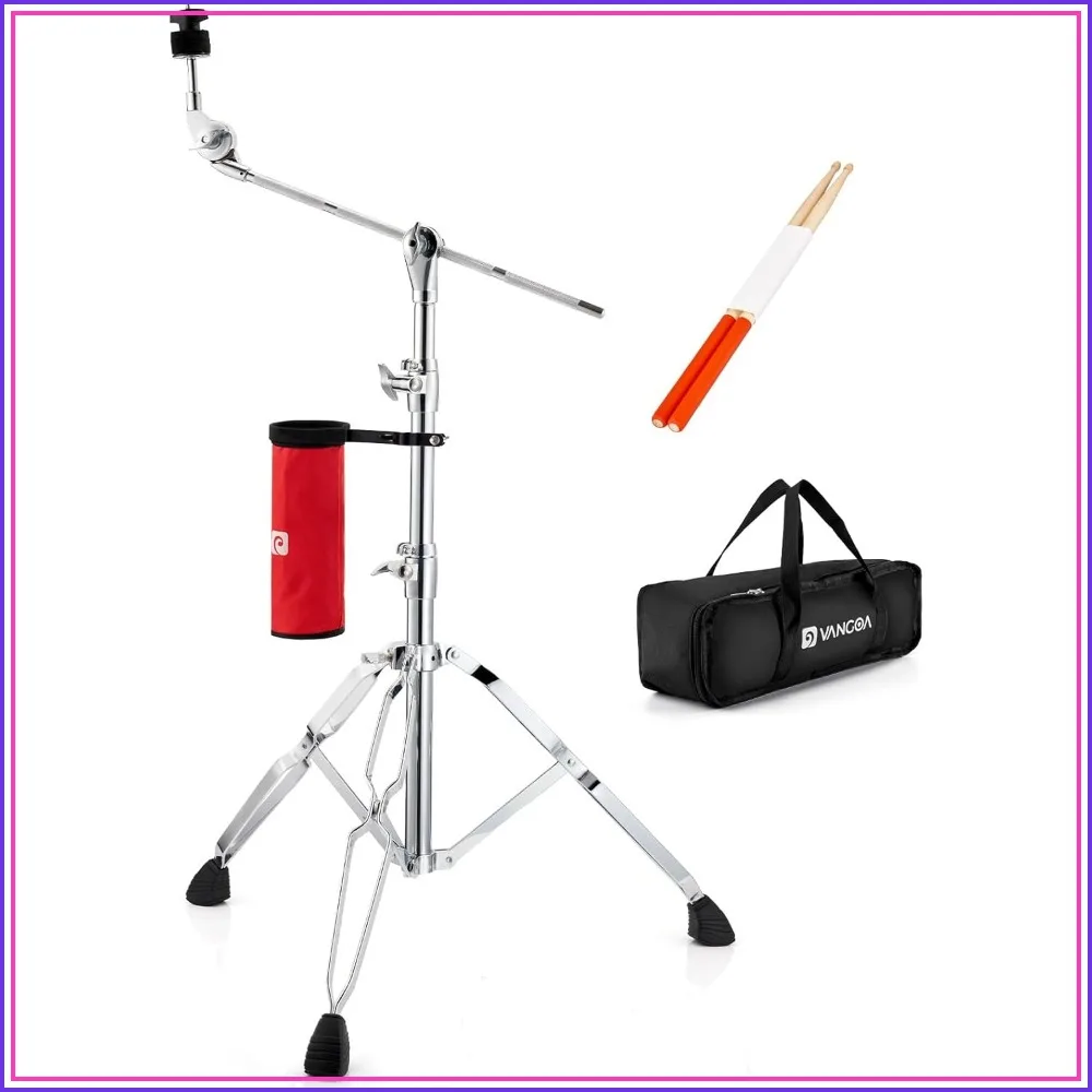 Heavy Duty Cymbal Stand with Drum Stick Holder, Adjustable Height 27.5-47.2 inches, Double Braced Legs, Padded Bag, Rubber Feet