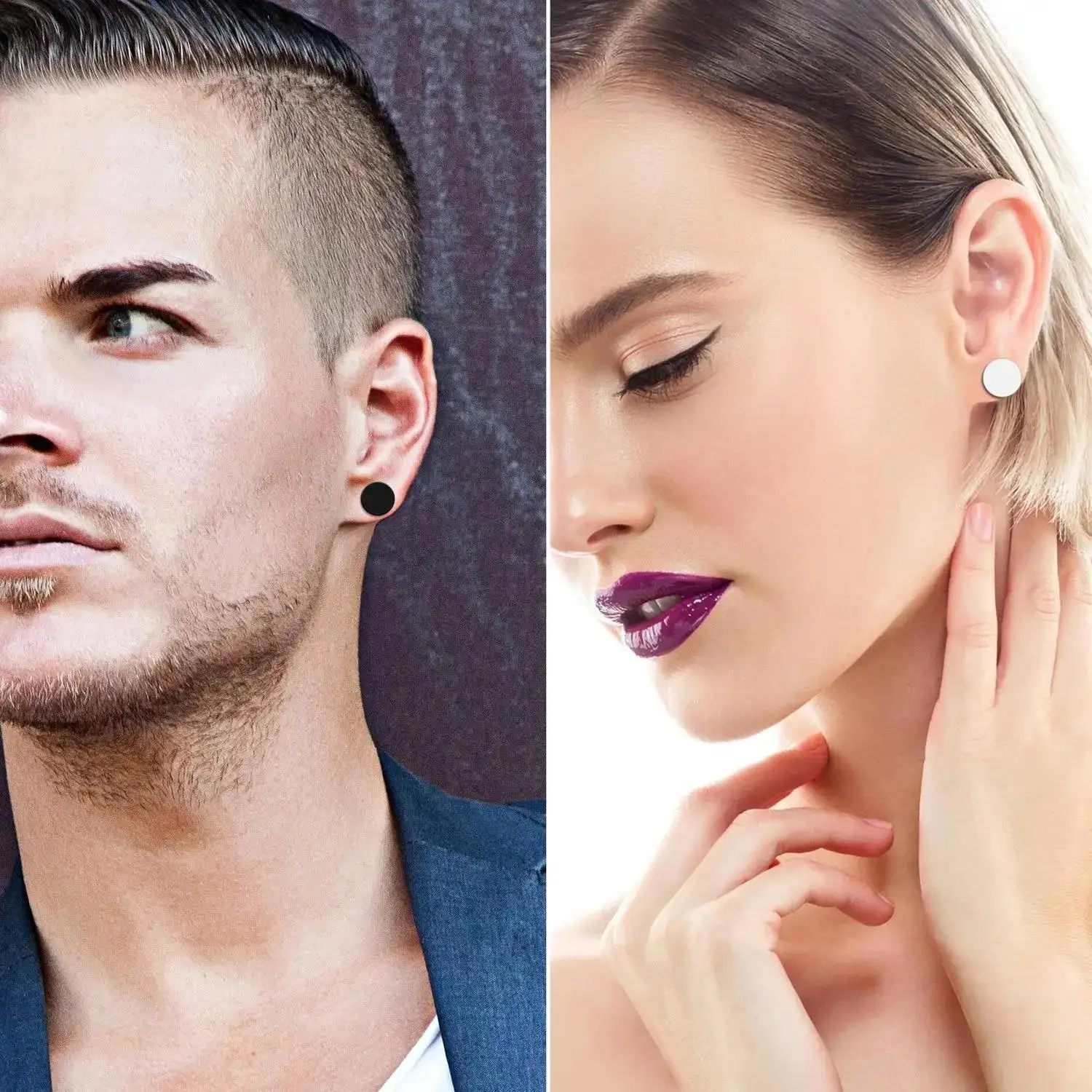 2 pares 16G 3-14mm hombres mujeres Acero inoxidable punto círculo disco parte posterior plana trampero túnel mancuernas medidores falsos tapones pendientes