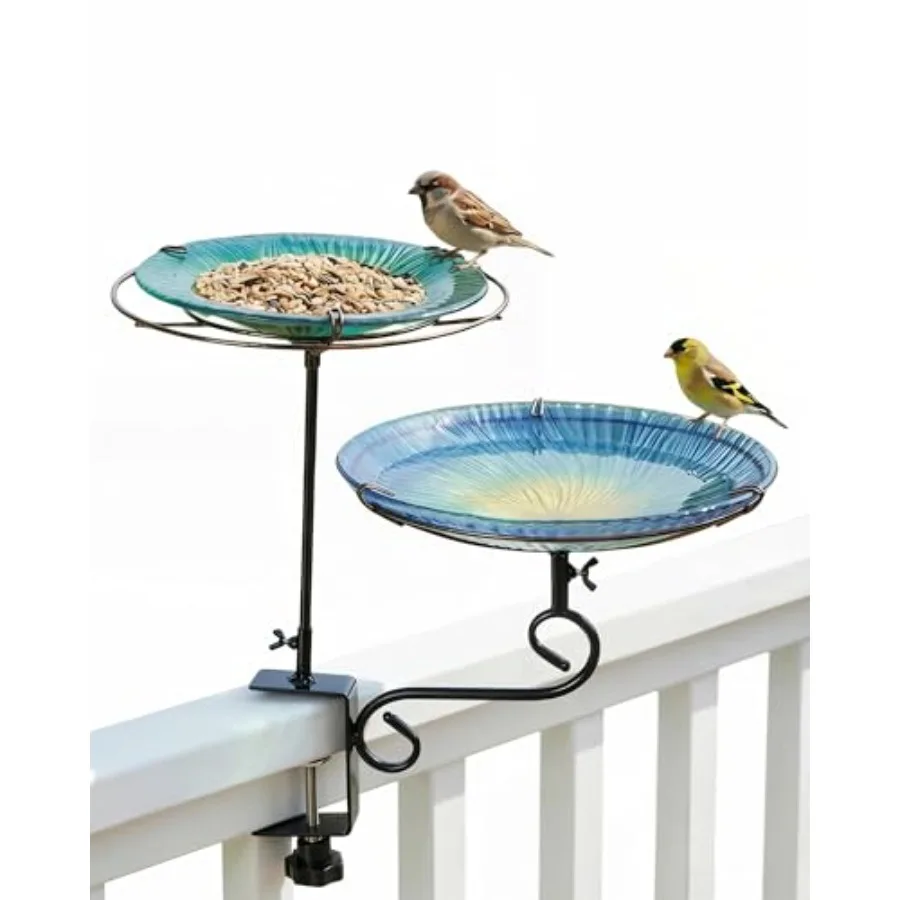 

2-in-1 Deck Mounted Bird Bath for Outside Glass Birdbath Bowl and Birdfeeder with Adjustable Sturdy Metal Clamp for Railing Bal