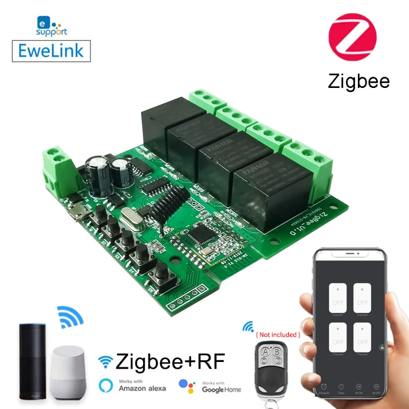 +RF433 4-way Self-locking Switch Control Module Smart Light Switch Module 10A Relays Work With Alexa