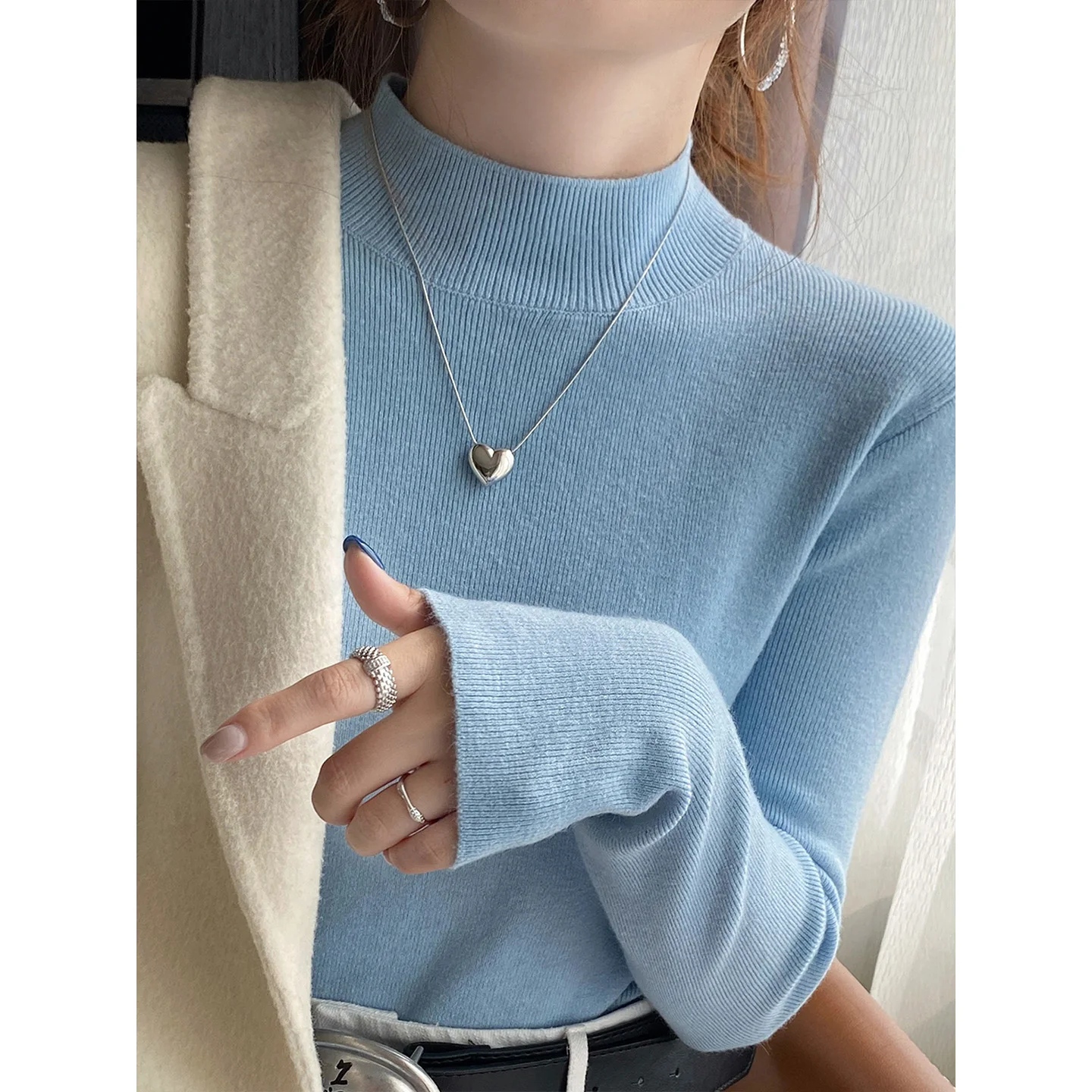 محبوك سترة المرأة البلوفرات الجديدة طويلة الأكمام وهمية الرقبة الأسود متماسكة سترة البلوز المرأة بلايز البلوزات Sueters De Mujer Q973