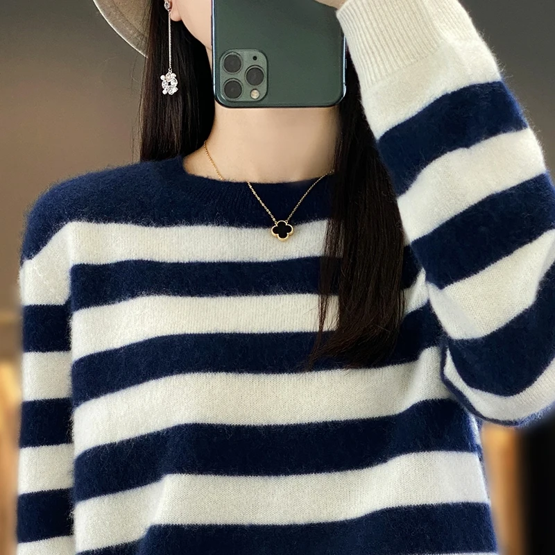 Women\'s Sweater Winter 100% Pure Wool Hoodie Casual Striped Knitted Blouse Round Neck Loose Tops Versatile Basic Base Sweater