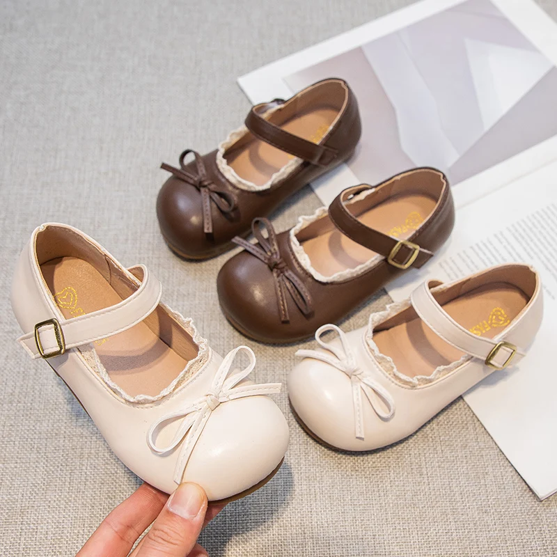 Kids Leather Shoes Spring Autumn Korean Style Girls Causal Shoes Ruffled Edge Bow Children Fashion Princess Flat Shoes Round-toe