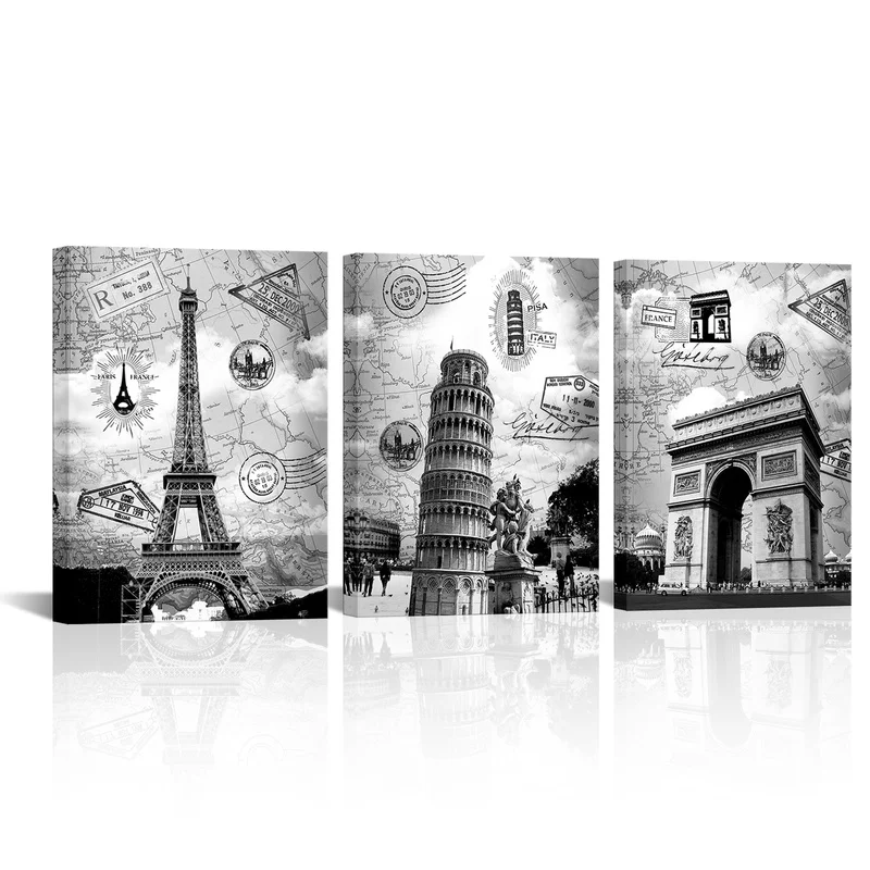 

3 Pieces Famous Buildings Posters Home Decor Black and White Print Canvas Art Modern Style Pictures Living Room Wall Art