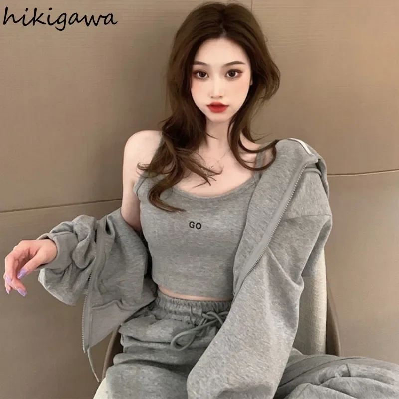 2024 Women\'s Clothing Pants Outfits 3 Piece Sets Roupas Femme Hooded Zipper Crop Coat Tunic Vest Casual Loose Pants Y2k Suit