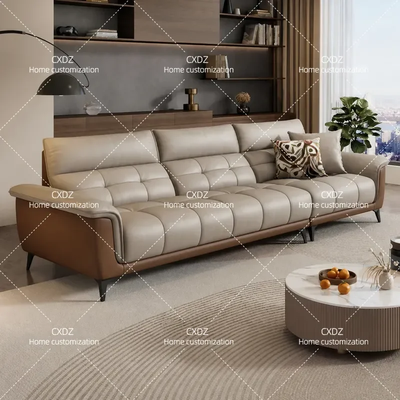Leather sofa cream style first layer cowhide living room simple modern light luxury small apartment straight row three people