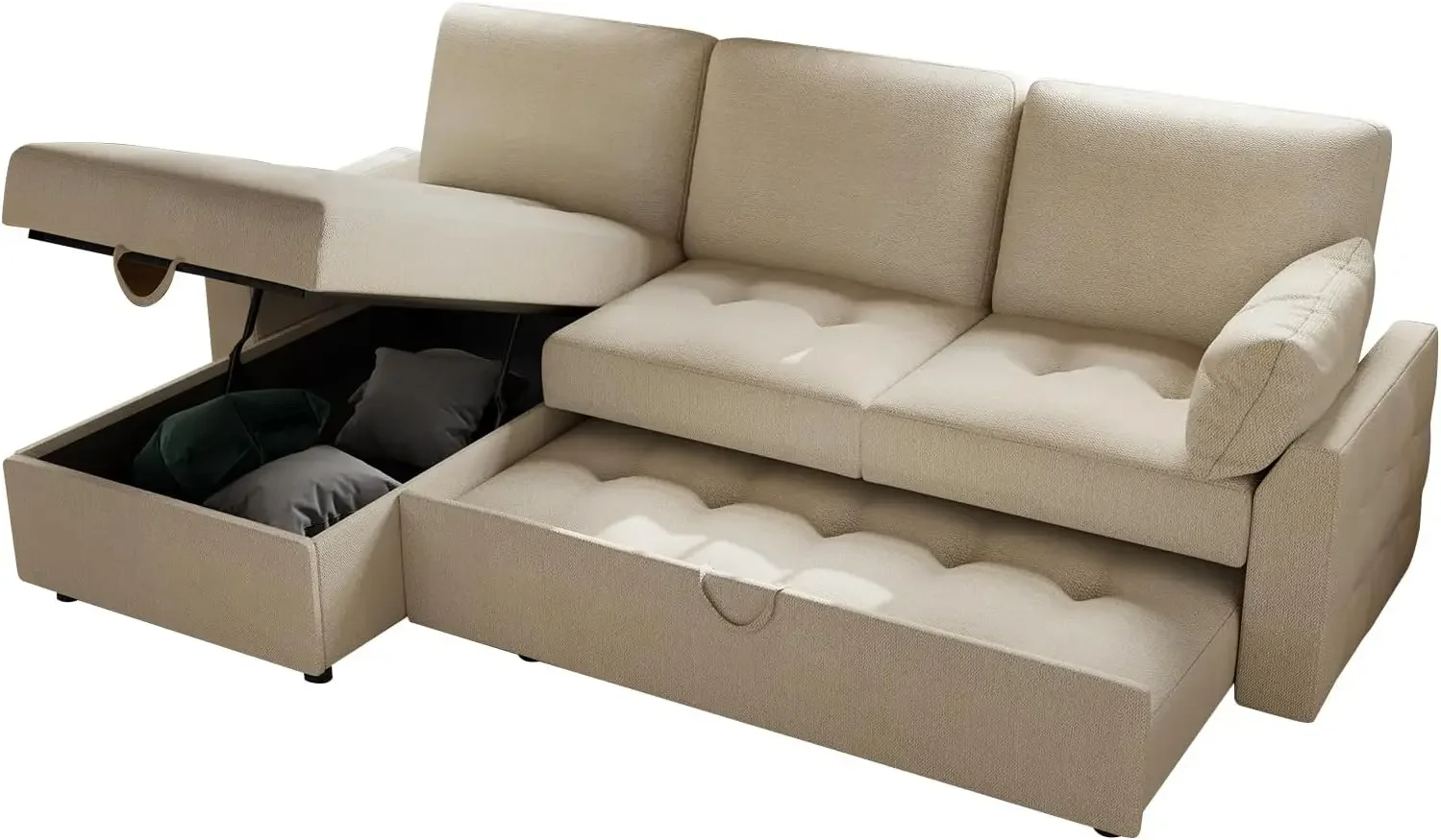 

Pull Out Sofa Bed, Modern Tufted Convertible Sleeper Sofa, L Shaped Couch, Chenille Sectional Bed for Living Room (Beige)