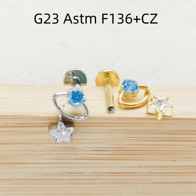 10pcs 16G Titanium Astm F136 Star CZ  Internal Thread Lip Labret Bar Ear Helix Tragus Rook Barbells Stud Body Piercing Jewelry