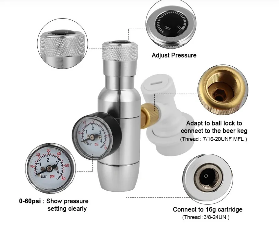 Mini Co2 Charger,0-60PSI Co2 Regulator With Ball Lock Gas Disconnect ,3/8-18UNF Regulator For Home Brewing Beer Tools