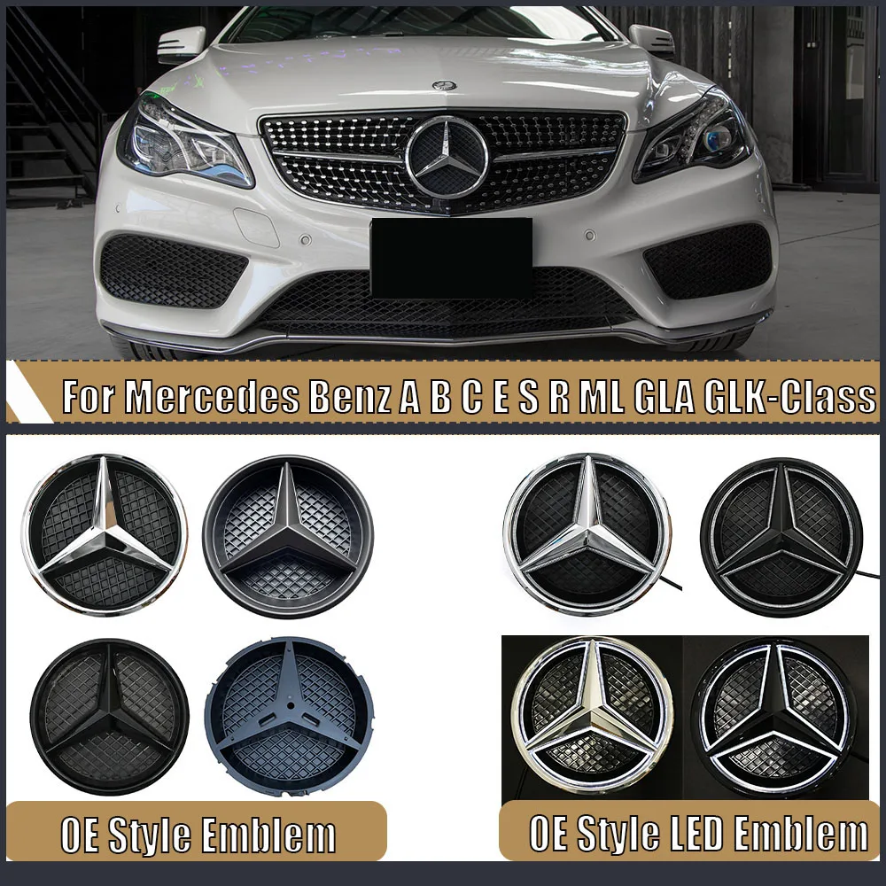 Silver OE Style Star Logo Front Grill Emblem Fit For Mercedes Benz A B C E S R SL ML GLA GLK-Class Chrom Illuminated Star Emblem