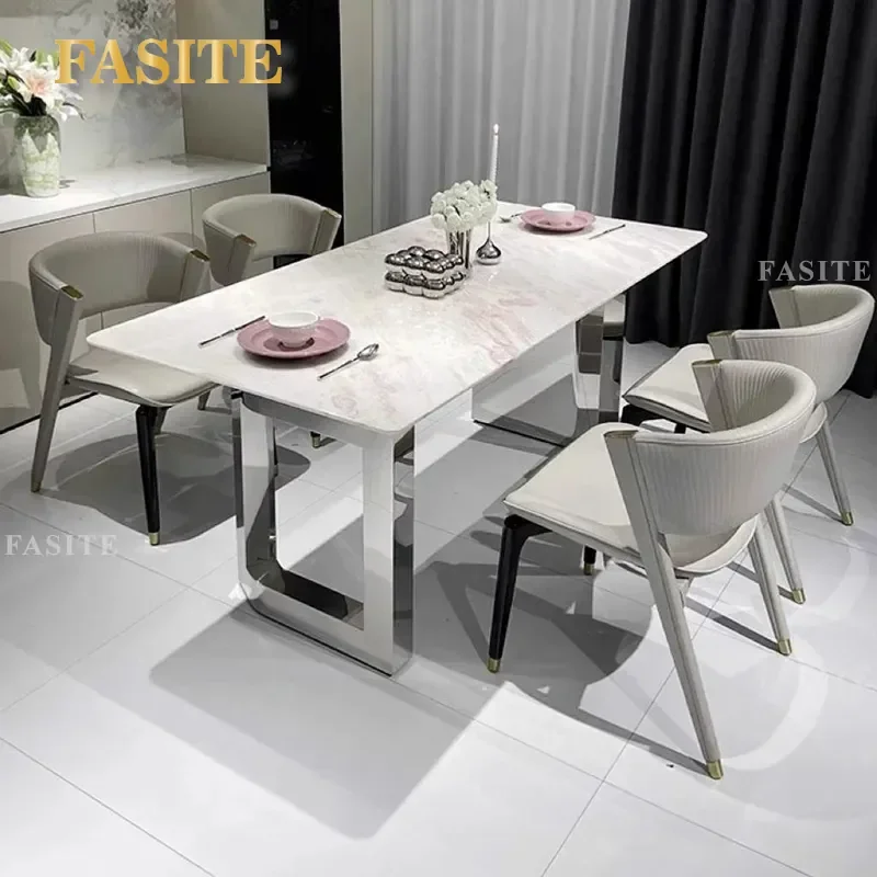 For Imported Pure Natural Marble Dining Table and Chairs Modern Simple Large Rectangular Luxury Stone Table Set for Villa