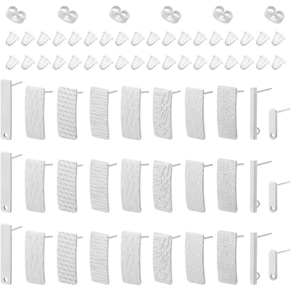 60pcs 10 Styles Stainless Steel Stud Earrings Flat Ear Studs Earring Posts Rectangle Stud Earrings with Loop Hole and Ear Nuts